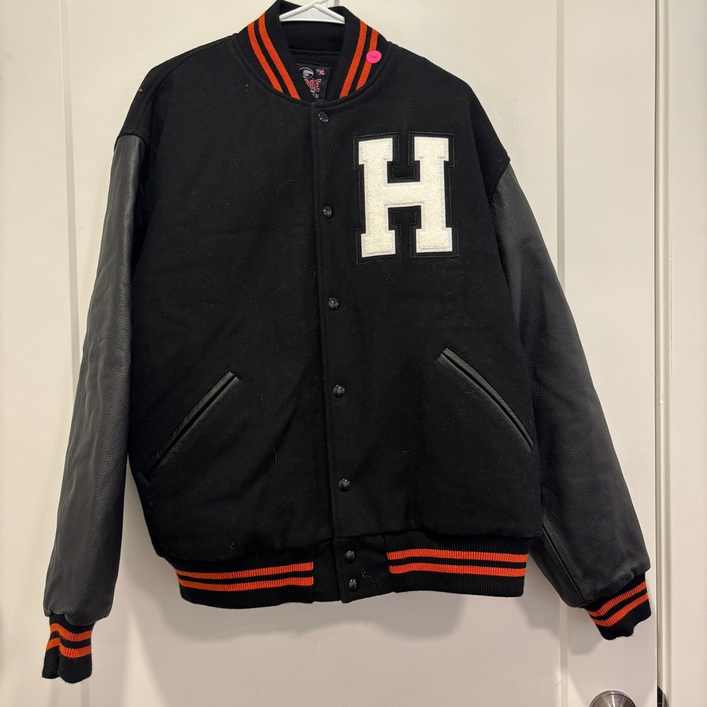 Game Sportswear Mens XL Varsity Letterman Jacket Wool Leather Black Orange USA